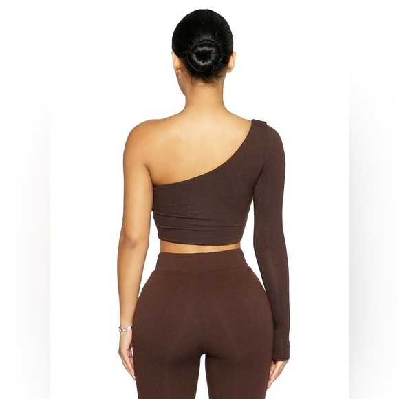 NAKED WARDROBE the nw one shoulder crop top chocolate brown. - Picture 2 of 6